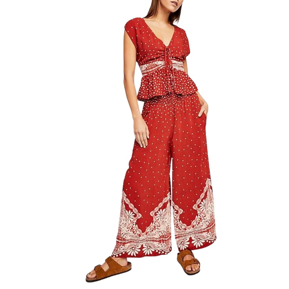 Free People Babylon River Top Tie Front Cropped Red Polka Dot Medium